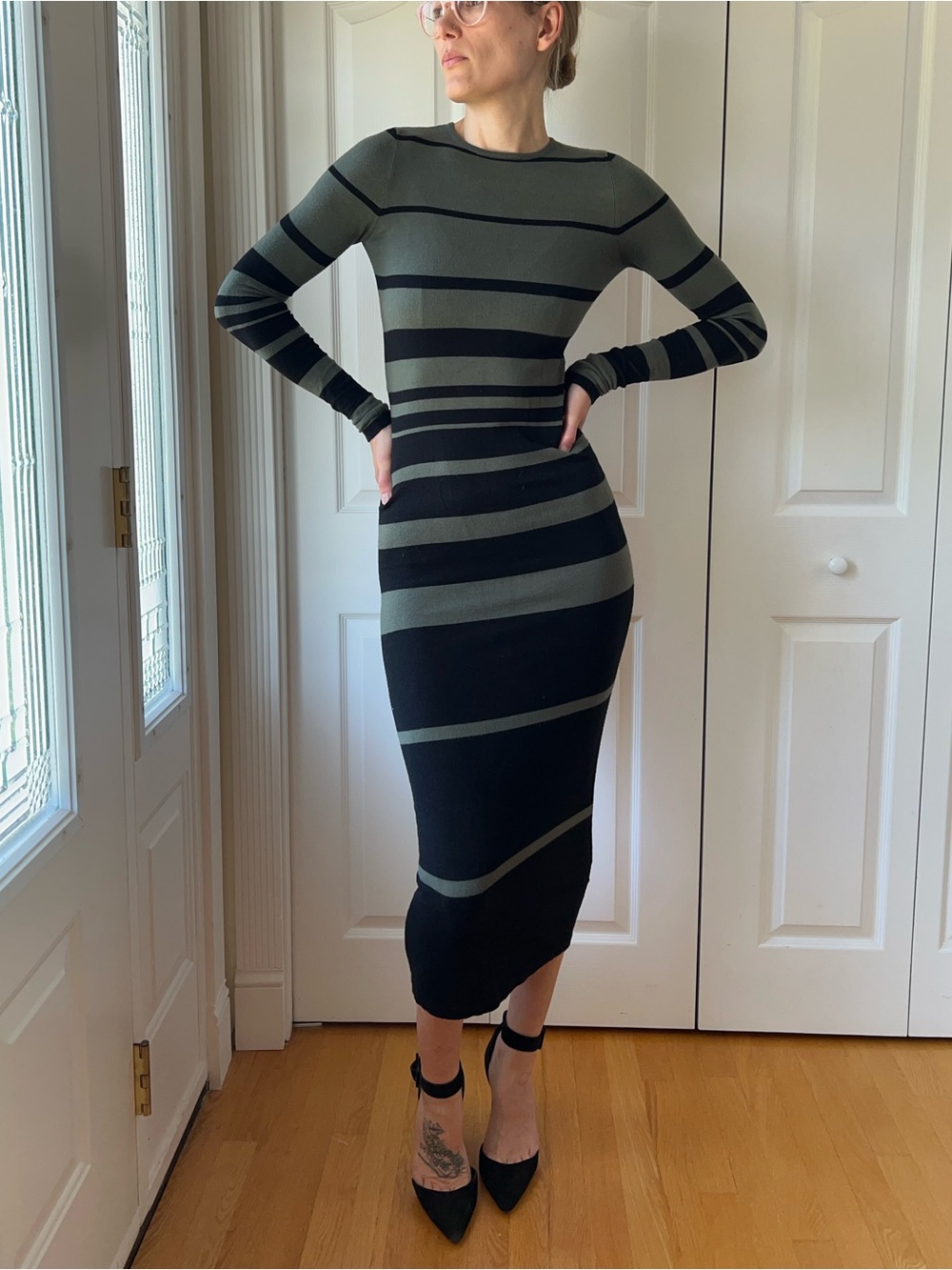 UNIQ Striped Bodycon Midi Dress in Olive and Black